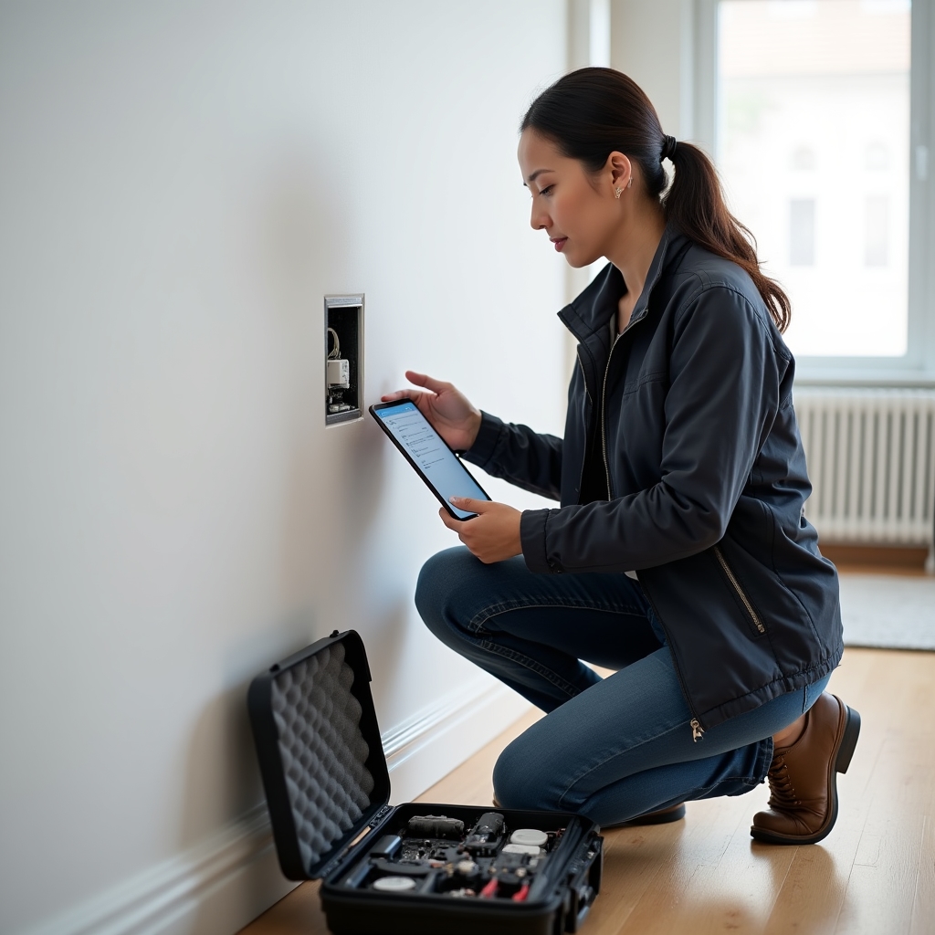 Installatore che configura sistema smart home con tablet e componenti